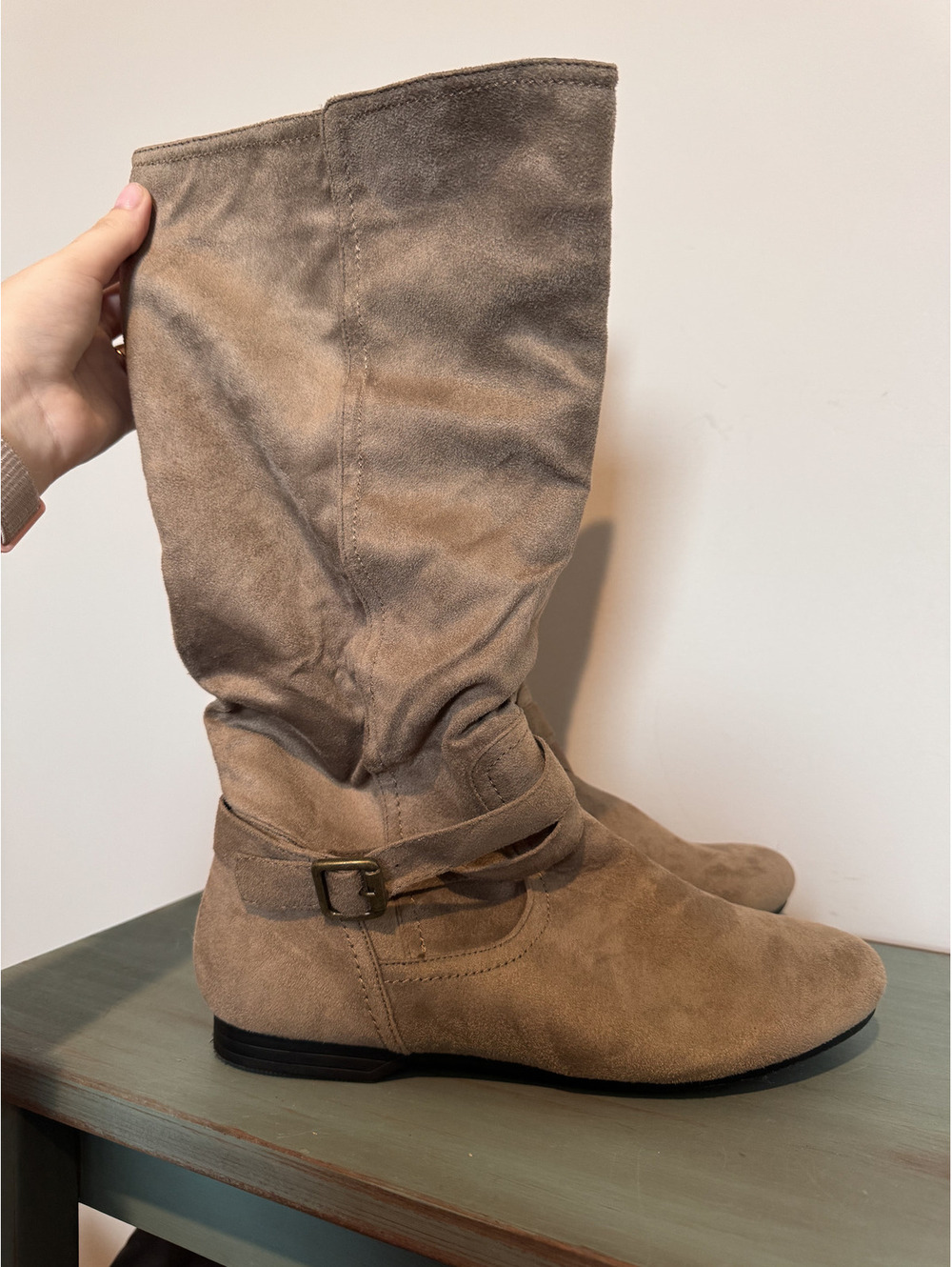 Austin Trading Co Women's Tan Faux Suede Slouchy Mid Boots Buckle Strap Size 11